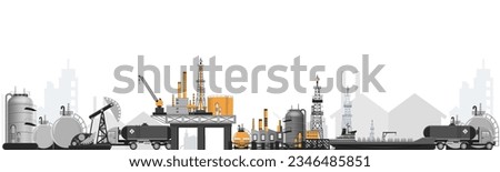 Oil industry platform Banner with drilling rig tower station, Oil storage tank, petroleum gasoline storage tank and transportation. Poster Brochure Flyer Design. Vector Illustration eps10