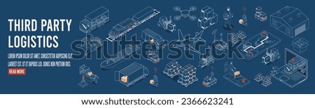 Third party logistics concept with Autonomous robots, Robot arm, Cardboard Box, Transport, Truck, Export, Import, Industry 4.0, Warehouse and Factory automation. Vector illustration eps10