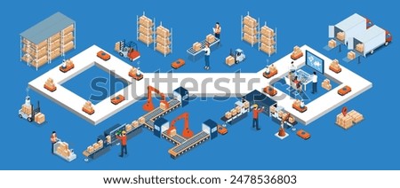 Smart warehouse and Automated warehouse technology with  Automation System and Autonomous Robot Transportation operation service. Vector illustration eps10