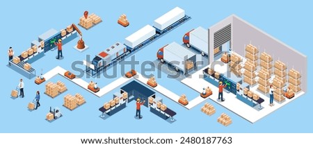 Automated warehouse robotic and autonomous robot transportation service concept with Automated Guided Vehicles (AGVs) and Autonomous Mobile Robots (AMRs). Vector illustration EPS 10