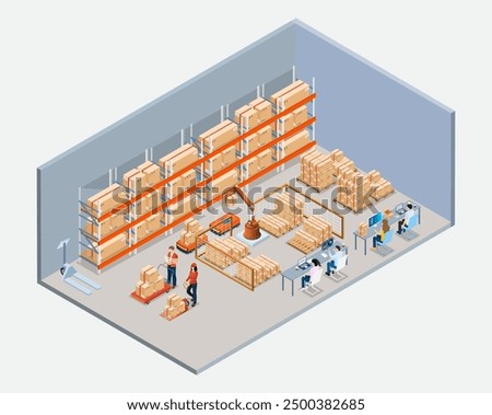 Smart Warehouse management system with Automated Warehouse Robots and Automated Guided Vehicles (AGVs), Autonomous Mobile Robots (AMRs). Isometric Vector illustration EPS 10