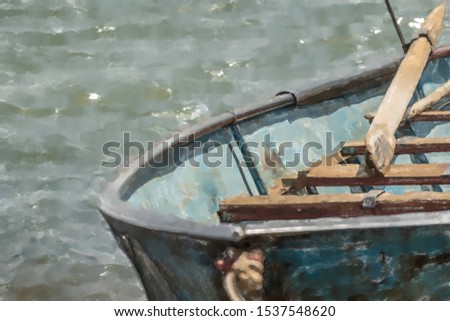 watercolor illustration: Old rusty fishing boat with flaking paint on the bank of the Nile in Sudan, Africa