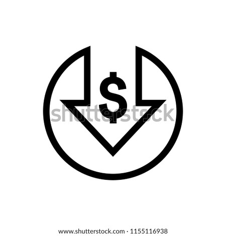 Cost reduction icon. Dollar Down Icon. dollar decrease icon. Money symbol with arrow stretching rising drop fall down.