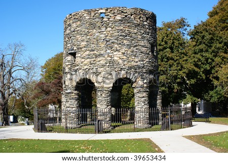 The Old Stone Mill in Newport, Rhode Island.  Theories abound as to its origin from Vikings to Native Americans, to colonists, to Governor Benedict Arnold.  No one is certain.