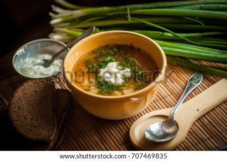 Delicious appetizing traditional cabbage soup with sour cream, bread and verdure. Traditional russian food. 
 Imagine de stoc © 