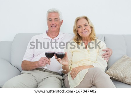 Portrait of a relaxed senior couple toasting wine glasses at home