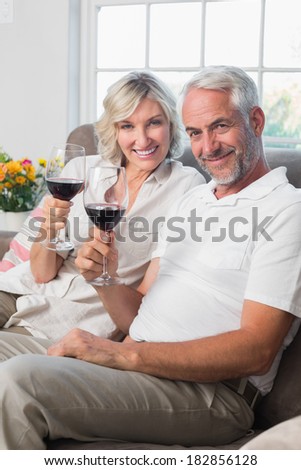 Happy loving mature couple with wine glasses in the living room at home
