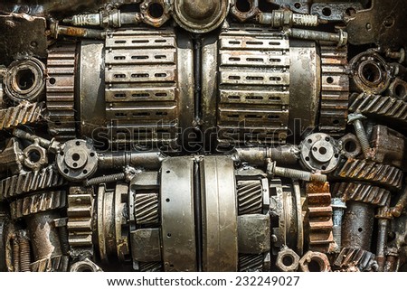 Closeup of gears from old mechanism of metallic.
