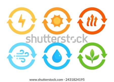 Set of renewable energy sources icons in flat vector illustration style. They symbolize the concepts of sustainability and renewable energy, like solar, wind, geothermal, biomass and hydropower