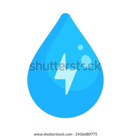 A blue water droplet with a white lightning bolt in flat vector illustration style, representing the concepts of ecology and renewable hydropower energy