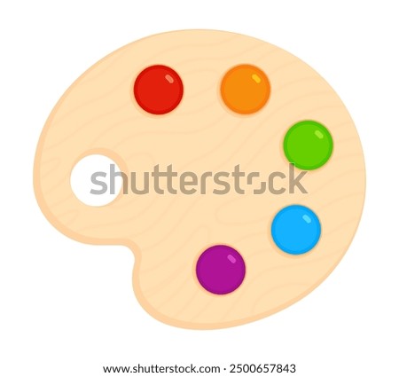 Wooden artist's palette with colorful paint blobs. Flat vector illustration isolated on white background. Art and creativity concept. Perfect for educational materials and design projects