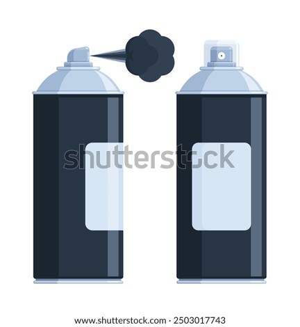 Set of black spray paint cans with silver caps, one spraying paint. Flat vector illustration isolated on white background. Art supplies and graffiti concept. Perfect for creative projects