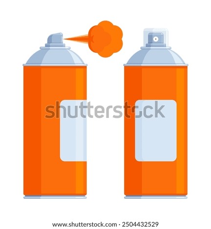 Set of orange spray paint cans with silver caps, one spraying paint. Flat vector illustration isolated on white background. Art supplies and graffiti concept. Perfect for creative projects