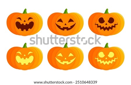 Set of lit and unlit jack-o'-lantern pumpkins with happy, spooky, and scary faces. Flat vector illustration isolated on white background. Halloween decoration concept. Great for festive designs