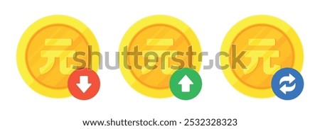 Set of yuan (renminbi) gold coins, financial arrows for increase, decrease, transaction. Finance, Chinese currency, fluctuation, CNY exchange concept. Flat illustration isolated on white background