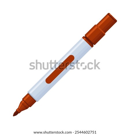 Brown whiteboard permanent marker pen with cap off. School supplies, stationery, drawing, writing tool concept. Flat vector illustration isolated on a white background with copy space