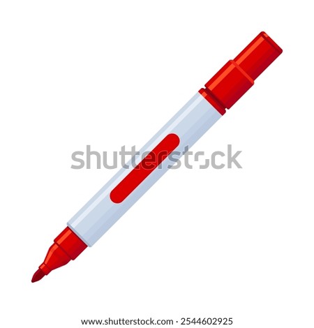 Red whiteboard permanent marker pen with cap off. School supplies, stationery, drawing, writing tool concept. Flat vector illustration isolated on a white background with copy space