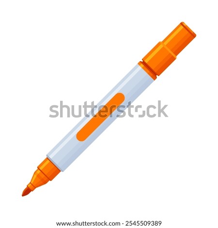 Orange whiteboard permanent marker pen with cap off. School supplies, stationery, drawing, writing tool concept. Flat vector illustration isolated on a white background with copy space