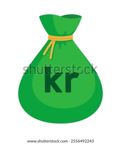 Green money bag with Swedish (SEK), Norwegian (NOK), Danish krone (DKK). Economy, finance, wealth, profit, income, banking, kr currency concept. Flat vector illustration isolated on a white background