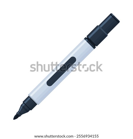 Black whiteboard permanent marker pen with cap off. School supplies, stationery, drawing, writing tool concept. Flat vector illustration isolated on a white background with copy space