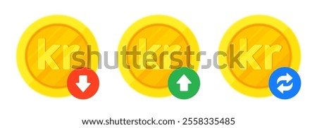 Set of Swedish krona (SEK), Norwegian krone (NOK), Danish krone (DKK) gold coins, arrows for increase, decrease, transaction. Finance, currency, Kr exchange. Flat vector isolated on a white background