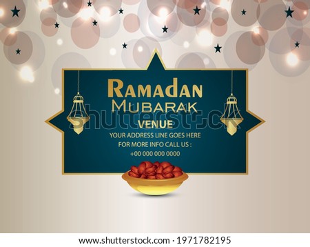 Ramadan mubarak invitation greeting card with iftar dats and golden lantern