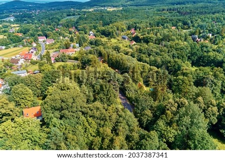 Similar – Foto Bild Sleza Berglandschaft. Luftaufnahme von Bergen mit Wald.