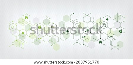 Sustainable business or green business illustration background with connected icons concept related to environmental protection and sustainability. with hexagonal shape