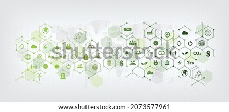 Green geometric business template and background for ECO sustainability concept related to environmental protection with ESG flat icons.