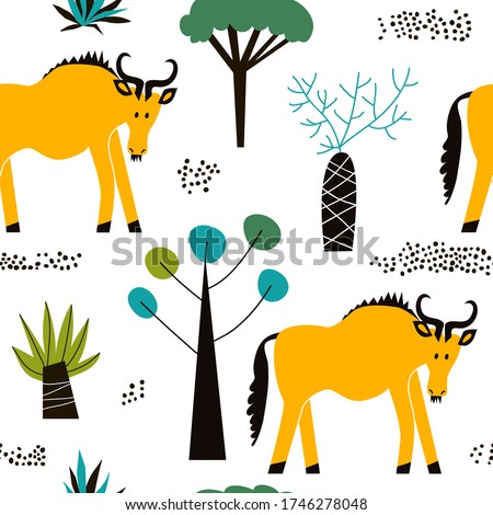 Vector seamless pattern with wildebeest. Childish background with gnu antelope for wallpaper, wrapping paper, surface design