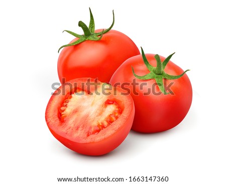 Fresh juicy red Tomato with cut in half  isolated on white background.