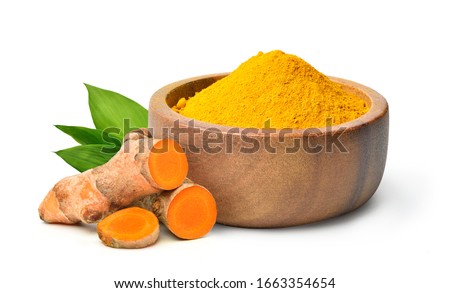 Similar – Image, Stock Photo Turmeric roots and powder in a white bowl on a grey wooden table. Close up. Spice.