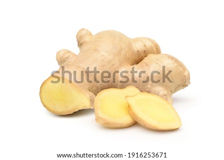 Fresh ginger rhizome with sliced  isolated on white background. 