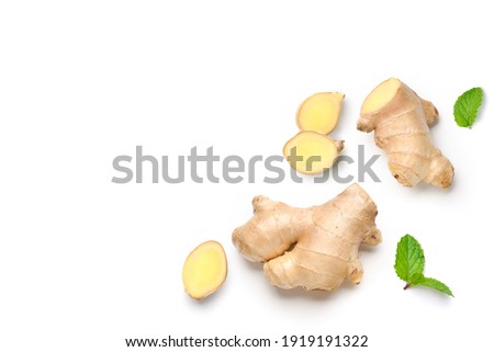 Flat lay of  Fresh ginger rhizome with slices isolated on white background. 