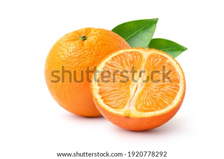 Orange fruit with cut in half isolated on white background. 