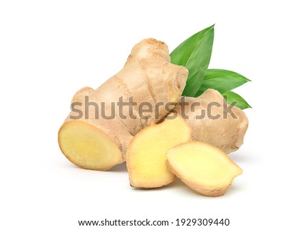 Fresh ginger rhizome with sliced and green leaves isolated on white background.