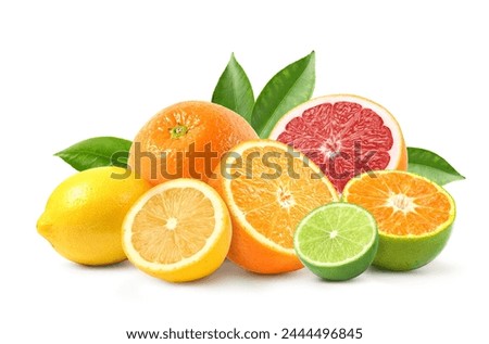 Similar – Image, Stock Photo Citrus fruits halves background on white table: grapefruit, orange, lime and lemon. Healthy vitamin c rich fruits with green leaves. Top view with copy space.