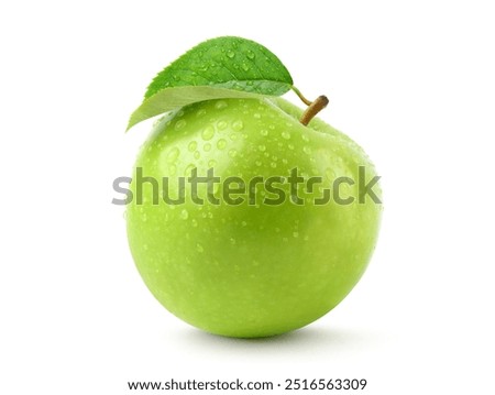 Fresh green apple with leaf and water droplets isolated on white background. Clipping path.