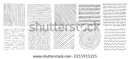 Hand drawn line texture set. Vector scribble, horizontal and wave strokes collection. Doodle shapes. Trendy illustration. Graphic vector freehand textures set. Ink lines isolated on white background.