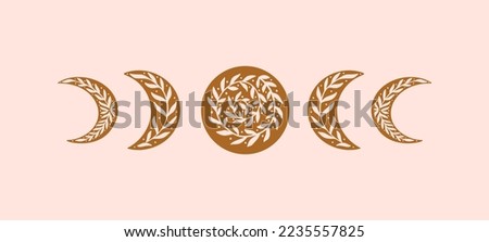 Floral Moon Phase vector Illustration. Trendy linocut celestial shapes with leaves. Crescent and half moon vintage logo design. Mystical silhouette cosmic elements for print, posters, social media.