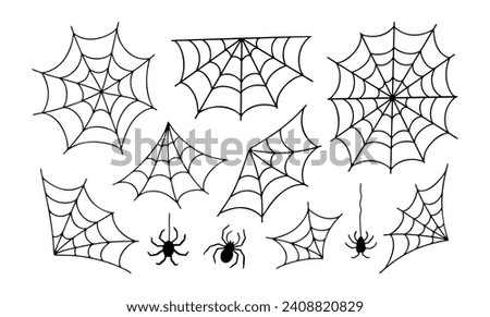 Halloween Spider Web Set. Spooky Vector Illustration Isolated on White Background. Spiderweb Frame, Border and Corner for Helloween Decor, Poster Design. Cute Insect Element Set.