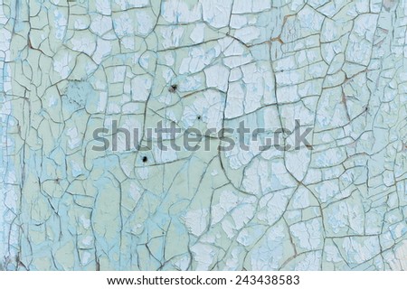 Detail of a surface of old board with cracked blue paint coating.