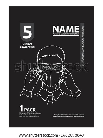 mask pack font, musk wear instruction,  Particulate Green Respirator Anti Pollution Mask, Anti Dust and Pollution Face Mask, face mask packaging design vector black & white, packaging template, print 