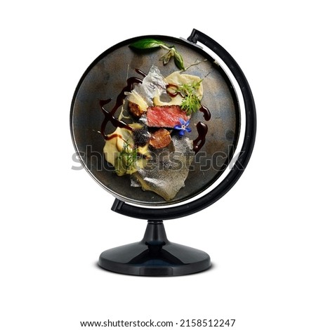 Tapas Day, national Tapas  Day, international Tapas Day, world Tapas Day, plate on top of the globe stand Foto stock © 