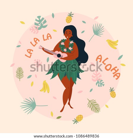 Hula singer girl. Hawaiian plus size woman in traditional costume is singing with ukulele. Grreting card, poster with aloha la la la text. Pineapple, bananas and palm leafs background. Vector cartoon