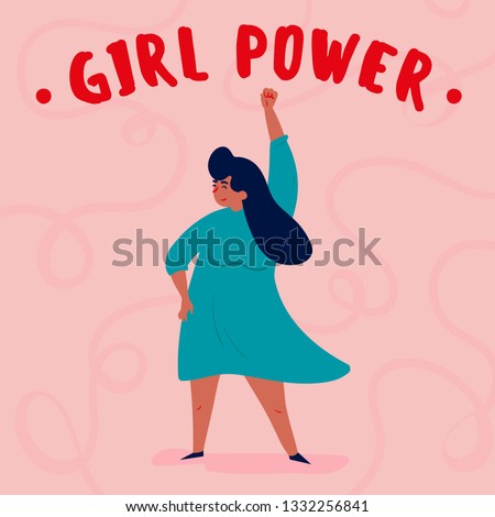 Girl power and feminist international movement concept. Single strong woman with her fist in the air. Fight for and defend your rights idea. Vector art feminine motivational poster illustration