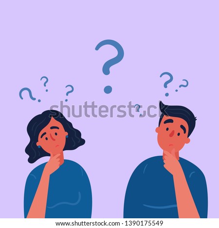 Couple of man and woman having a question. Male and female characters standing in thoughtful pose holding chin and question marks above their head. Quarrel, doubts or interest in relationship. Vector