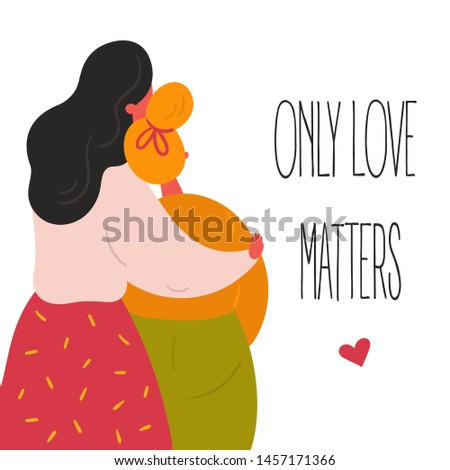 Lgbt lesbian women girls couple. Two lovers are hugging. Only love matters text and heart. Make love concept. Happy smiling homosexual females enjoy togetherness. Flat vector style