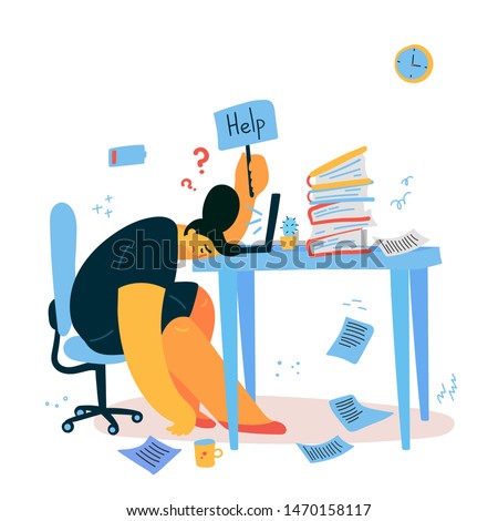 Emotional burnout woman sitting at her working place with computer in office and holds the sign Help,tired businesswoman with low battery,emotional burnout concept.Hard work.Vector illustration