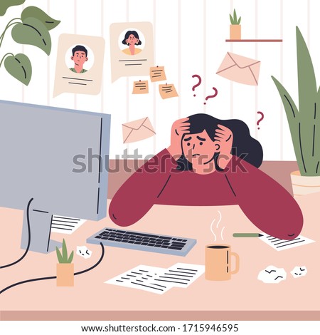Girl working remotely during quarantine at home.Freelancer is stressed through a lot of work.Young woman sitting at the desk in her room and working.Vector colorful illustration.Flat cartoon character